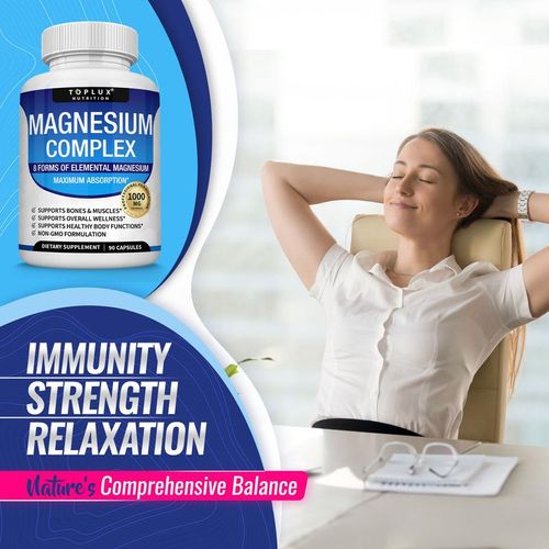 Magnesium Complex Supplement 8 Elemental 1000mg - Magnesium Glycinate, Citrate, Malate, Taurate, Chelated for Easy Absorption for Bones, Muscle, Recovery, Energy, Vegan Non-GMO 90 Capsules