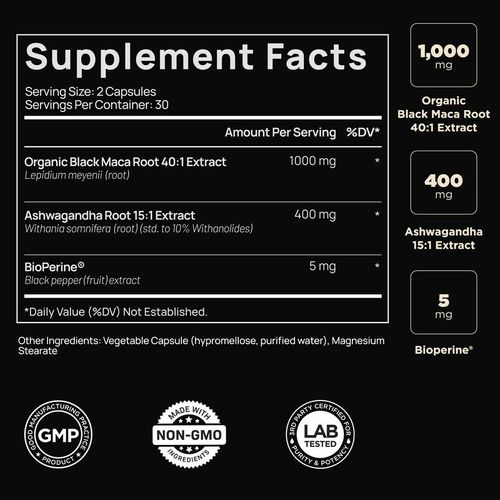 ELMNT 40x Strength Organic Black Maca Root w. Ashwagandha - High Potency Black Maca Root Capsules for Men. 100% Pure Maca Powder. Exercise support