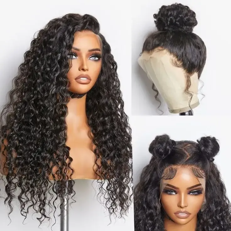 Natural Color Water Wave 100% Brazilian Virgin Human Hair 360 Lace Wigs 180% Density Natural Hairline Full Lace Frontal Wigs