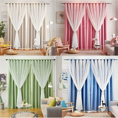 4pcs Romance Double-Deck Cloth & Blackout Floor-standing Curtain Star Hollow Curtain Drape, High Shading, 40 X 79 Inches