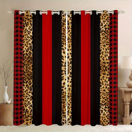 Manfei Leopard Skin Window Curtains Brown Cheetah Print Window Treatments, Red Black Plaid Stripe Print Window Drapes For Women Adults Men Grommet Top 2 Panel Set Bedroom Curtains, Good Idea To Hang These Nice Draperies In Your Bedroom, Living Room