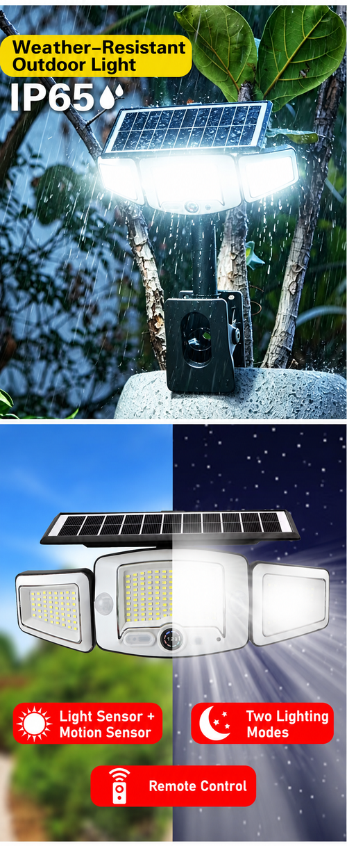 Three-Head Solar Motion Sensor Light with Clamp Mount