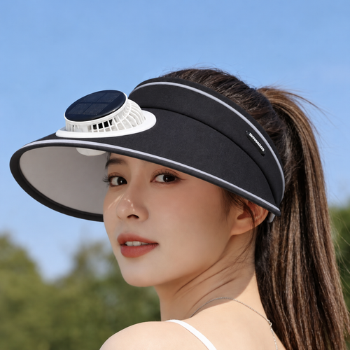 Black Solar and USB Rechargeable Fan Visor Hat