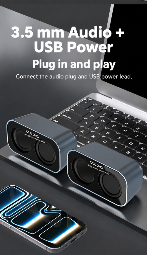 Gray Mini Desktop Stereo Speakers with USB Power and 3.5 mm Audio