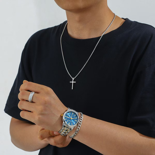 Blue Dial Quartz Watch and Cross Jewellery Gift Set