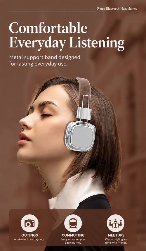 Retro Over-Ear Bluetooth Headphones in Brown and Silver