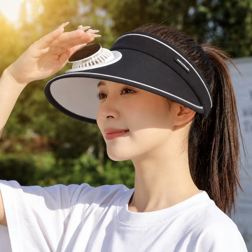 Black Solar and USB Rechargeable Fan Visor Hat