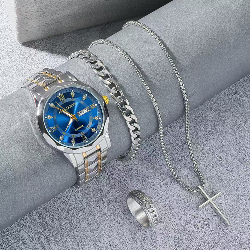 Blue Dial Quartz Watch and Cross Jewellery Gift Set