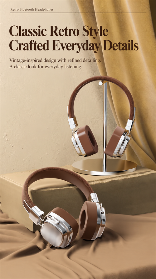 Retro Over-Ear Bluetooth Headphones in Brown and Silver