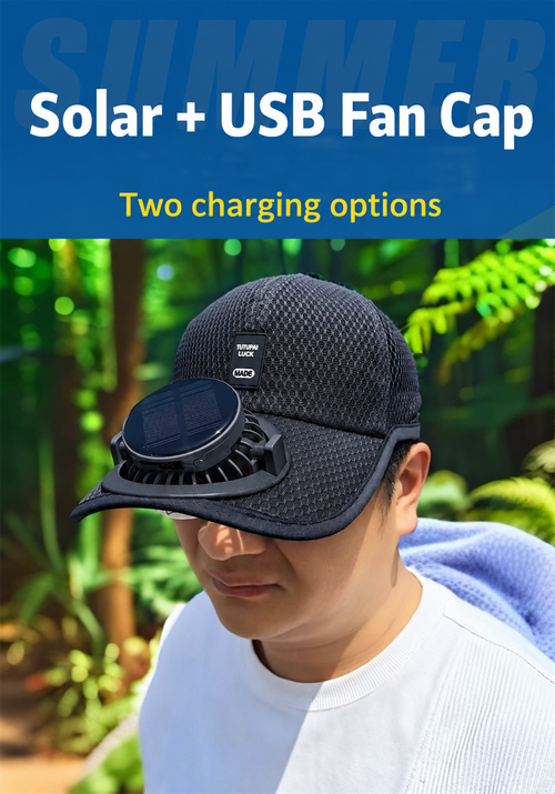 Black Solar and USB Fan Cap with Three-Speed Fan
