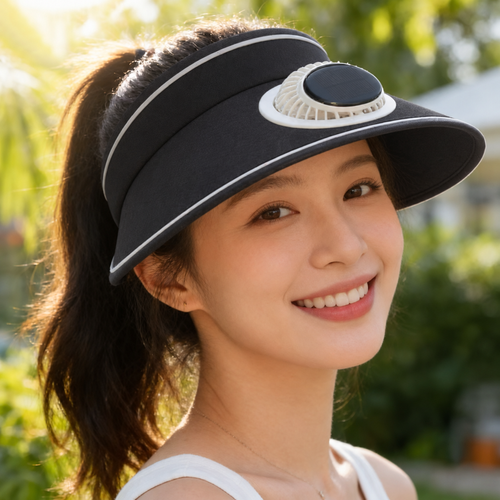 Black Solar and USB Rechargeable Fan Visor Hat