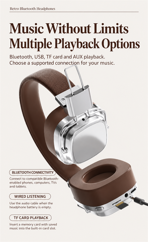 Retro Over-Ear Bluetooth Headphones in Brown and Silver