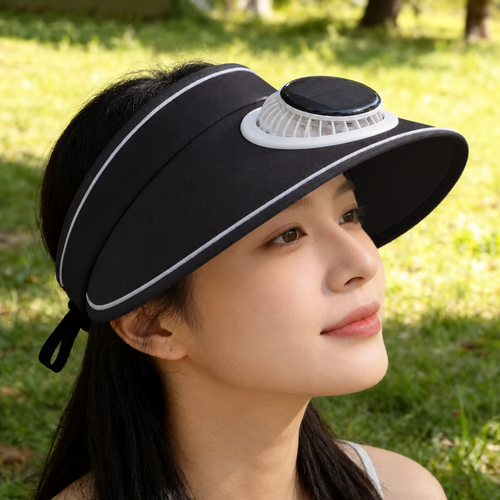 Black Solar and USB Rechargeable Fan Visor Hat
