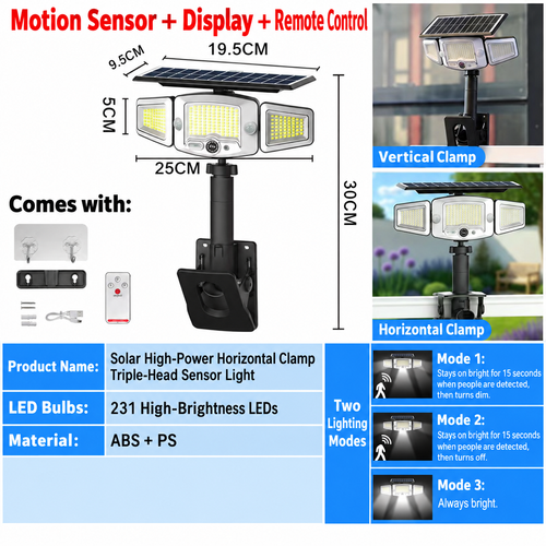 Three-Head Solar Motion Sensor Light with Clamp Mount