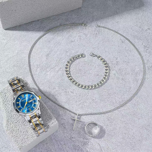 Blue Dial Quartz Watch and Cross Jewellery Gift Set