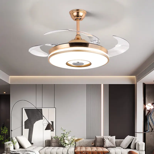 Cash on delivery + door-to-door delivery + on-site installation.       Luxury gold-framed LED ceiling fan light with retractable blades.