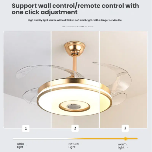Cash on delivery + door-to-door delivery + on-site installation.       Luxury gold-framed LED ceiling fan light with retractable blades.