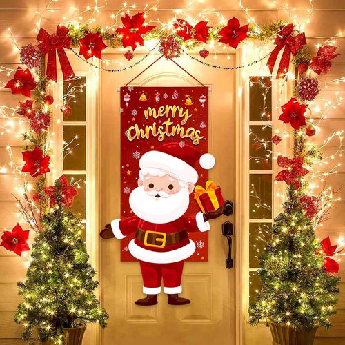 Christmas Outdoor Decorations Door Curtains Flags Santa Claus with Bells Red Clothes Photos on Hanging Cloth Festive Background