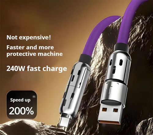 Universal Portable 4 in 1 Data Cable 5A 240W 65W 27W Tipo C Cables Soft Silicone RGB Light Zinc Alloy Super Fast Charging Cable