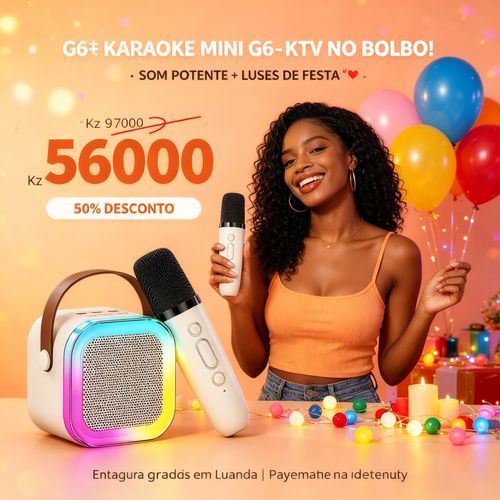 🎤 G6 Mini Karaokê Portátil - Alto-falante Bluetooth com Microfone e Luzes RGB - Entrega Grátis Luanda