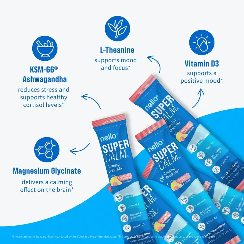 Nello Supercalm Calming Drink Mix with KSM-66 Ashwagandha Vitamin D3 Magnesium & L-Theanine Supports Cortisol Balance Mood Sleep 20 Servings Travel Packets Dietary Supplement