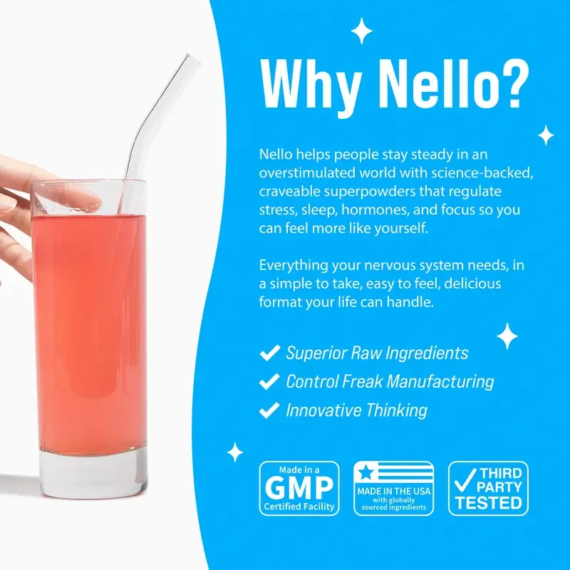 Nello Supercalm Calming Drink Mix with KSM-66 Ashwagandha Vitamin D3 Magnesium & L-Theanine Supports Cortisol Balance Mood Sleep 20 Servings Travel Packets Dietary Supplement