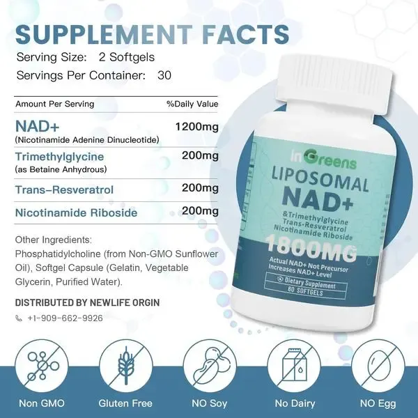 Liposomal NAD+ Supplement 1800 mg with Nicotinamide Riboside, Trans Resveratrol & Trimethylglycine, Replaces NMN, Boosts NAD+, Aging Defense & Cellular Energy Support, High Absorption Formula, 120 Softgelsv