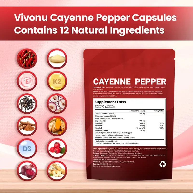 Vivonu Cayenne Pepper Softgels Supplement 240 Count with Vitamin E D3 K2 & Extracts of Grape Seed Hawthorn Beetroot for Leg Vein Heart Blood Vessel Health - Healthcare - Dietary