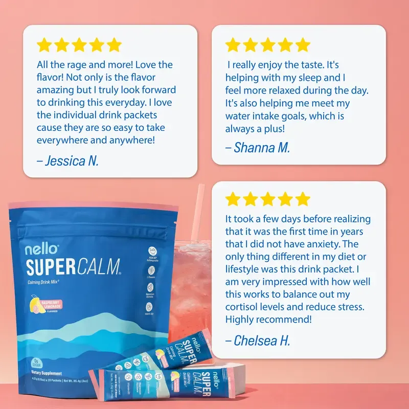 Nello Supercalm Calming Drink Mix with KSM-66 Ashwagandha Vitamin D3 Magnesium & L-Theanine Supports Cortisol Balance Mood Sleep 20 Servings Travel Packets Dietary Supplement