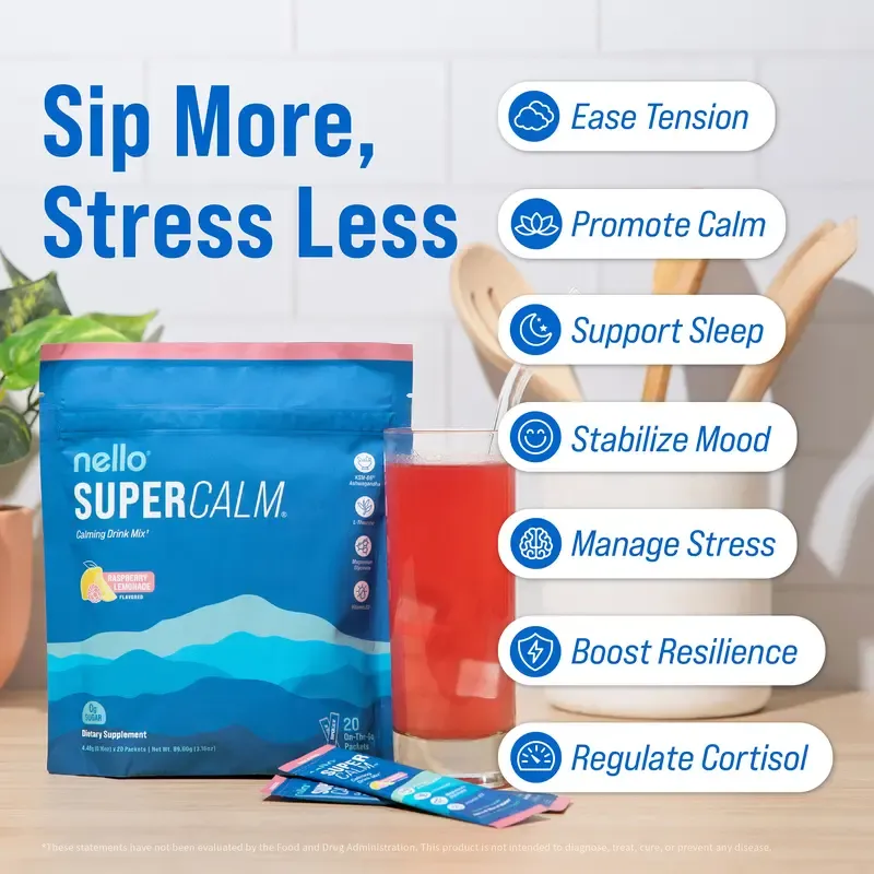 Nello Supercalm Calming Drink Mix with KSM-66 Ashwagandha Vitamin D3 Magnesium & L-Theanine Supports Cortisol Balance Mood Sleep 20 Servings Travel Packets Dietary Supplement