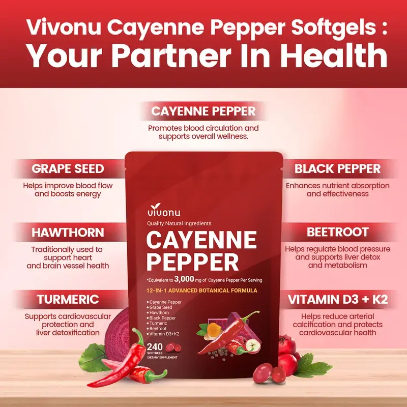 Vivonu Cayenne Pepper Softgels Supplement 240 Count with Vitamin E D3 K2 & Extracts of Grape Seed Hawthorn Beetroot for Leg Vein Heart Blood Vessel Health - Healthcare - Dietary
