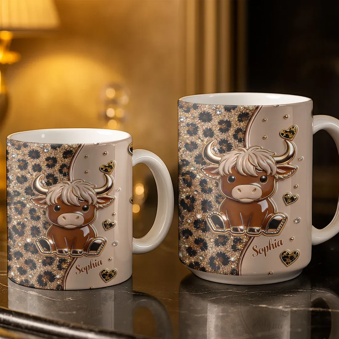 Cute Baby Highland Cow Leopard Hearts, Personalized Custom Coffee Mug
