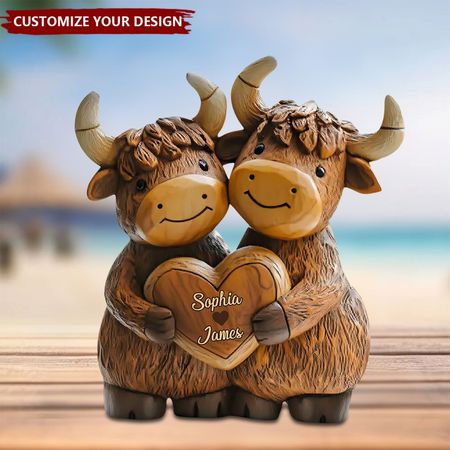 Personalised Highland Cow Couple, Valentines Day Gift for Him or Her, Custom Name Romantic Keepsake