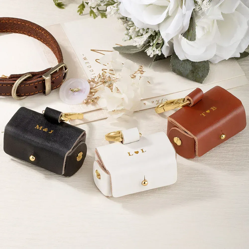 Personalised Leather Ring Bearer Pouch for Dog Collar – Wedding Gift for Couples