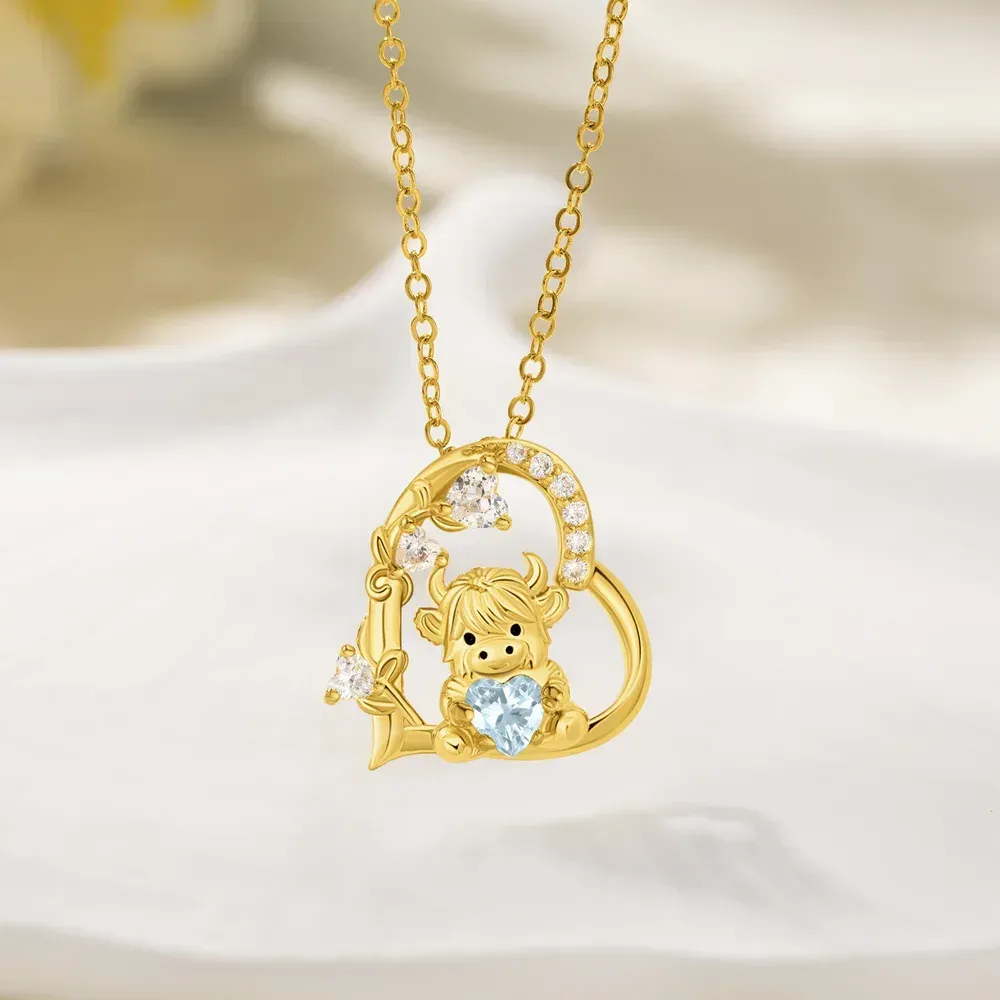 Personalized Highland Cow Heart Birthstone Necklace Dainty Jewelry Birthday Anniversary Valentine's Day Gift for Women Highland Cow Lovers