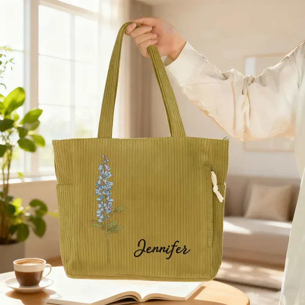 Personalized Birth Flower Corduroy Large Capacity Tote Bag with Name Daily Use Birthday Gift for Women