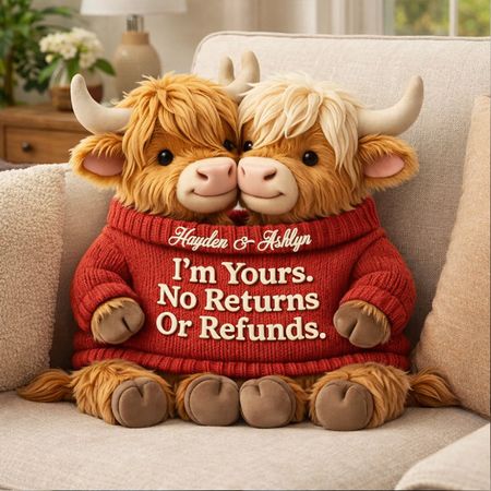 Personalised Highland Cow Couple Pillow – Custom Names, I'm Yours, No Returns or Refunds