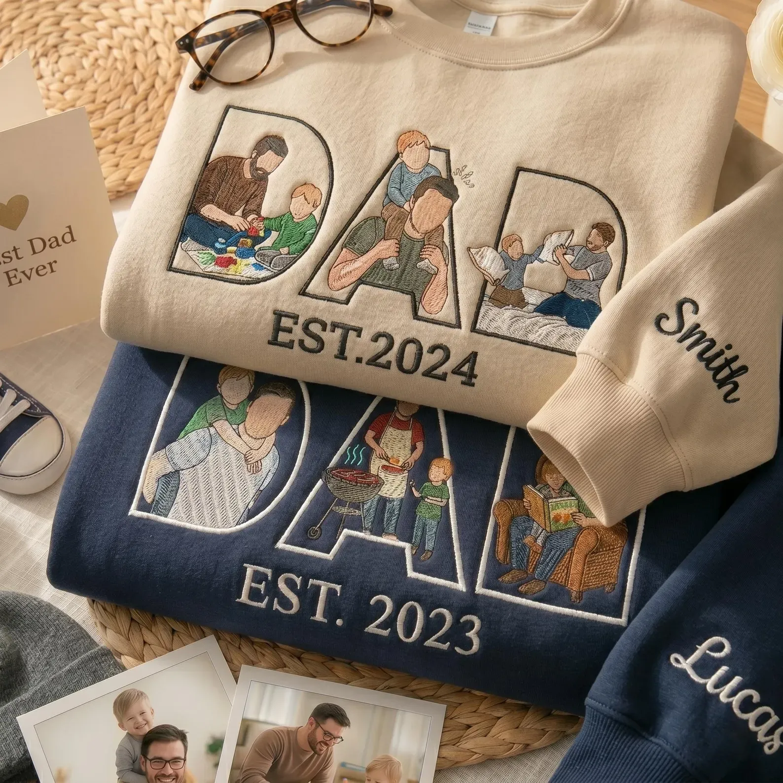 Custom Dad Sweatshirt with Photo Inside Letters, Personalized Father's Day Gift, Embroidered Faceless Portrait Hoodie, Dad Est Year Sweater