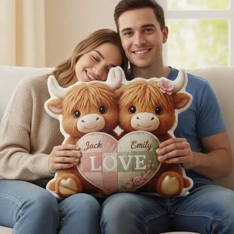 Personalized Highland Bull Couple Shaped Pillow | A Unique, Heartfelt Gift for Loved Ones