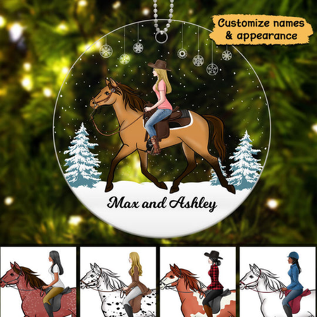Personalized Girl Riding Horse In Snow Glass Ornament - Round Christmas Tree Decoration Gift For Horse Lovers, Riders & Equestrians