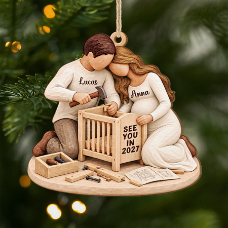 Personalised Pregnancy Gift for Expecting Parents – Baby Crib 2 Layer Wooden Christmas Ornament