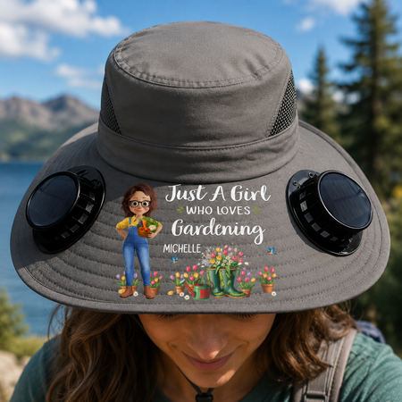 Personalized Solar Fan Hat – Her Happy, Blooming Green World – Custom Gift for Gardeners