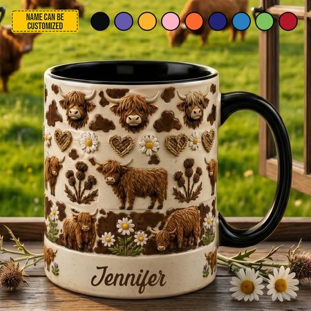 Personalized Highland Cow Floral Mug – Custom Name Accent Mug for Cow Lovers