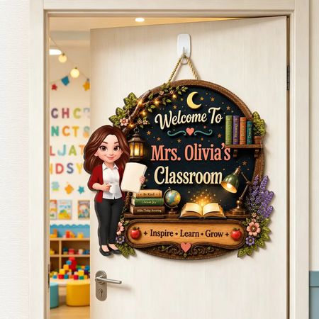 Personalized Wooden Sign with Cute Teacher Illustration, Inspire Learn Grow, Unique Creative Gift for Teacher