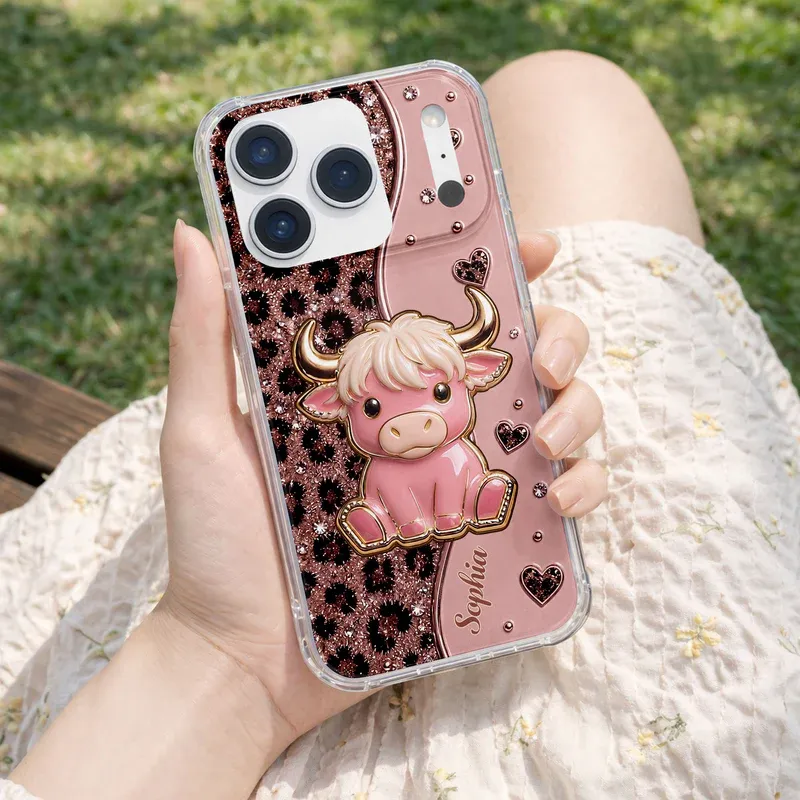 Personalized Highland Cow Phone Case – Custom Name Cute Cow Phone Cover Gift for Her
