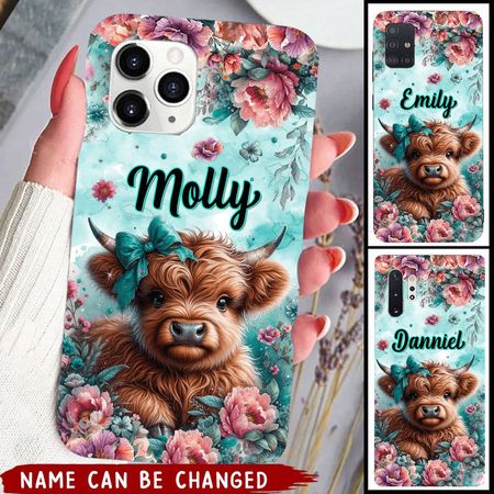 Personalized Cute Highland Cow Phone Case – Custom Name Floral Cow Gift for Her