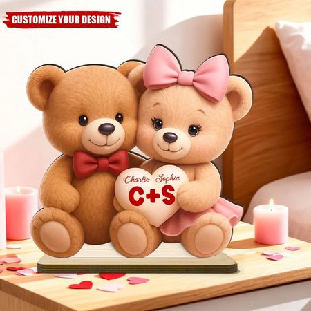 Loving Bear Couple - Personalized Wooden Plaque - Valentine's Day Gift for him, for her