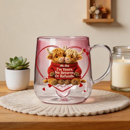Personalized Highland Cow Glass Mug with Color Gradient – I'm Yours, No Returns Or Refunds