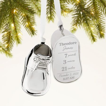 Personalized Baby Bootie Ornament – Silver Metal Keepsake – Newborn Christmas Ornament – Baby Girl or Boy First Christmas Gift