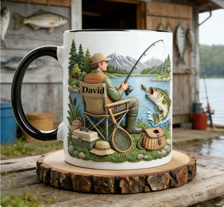 Custom Name Angler Mug – Lakeside Fishing Scene Coffee Cup, Thoughtful Gift for Fishing Lovers